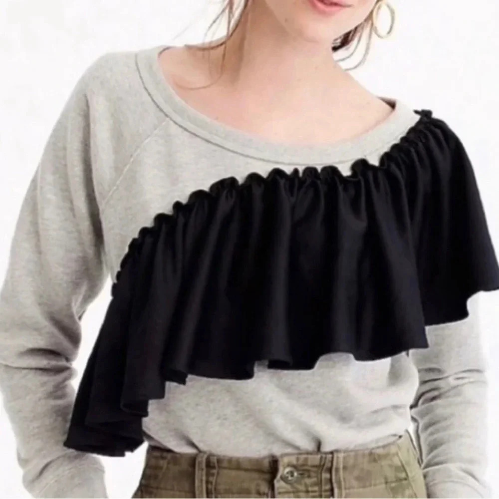 J. Crew Asymmetrical Black Ruffle Sweatshirt